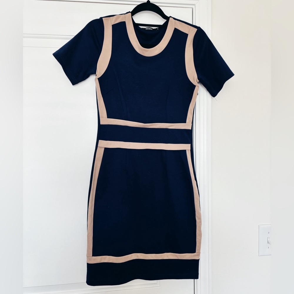 Navy blue dress with tan detailing, size small